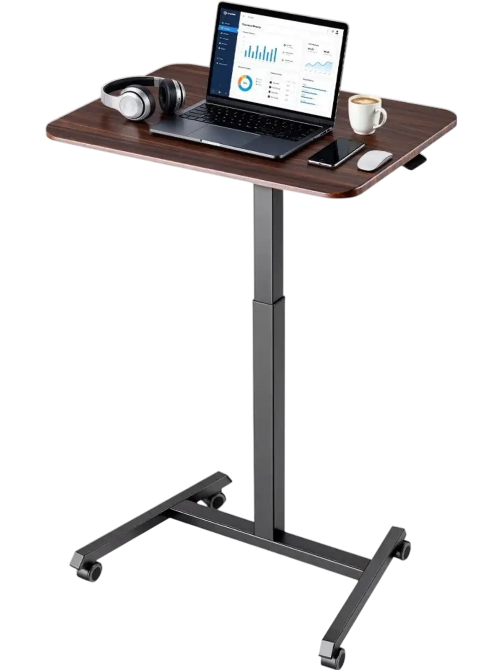 VEVOR Standing Desk, Adjustable Height Mobile Stand Up Desk with 4 Casters, 25.6 x 19 in Small Computer Sit Stand Rolling Workstation with Hook, 33 lbs Desktop Capacity, Ideal for Home Office, Brown