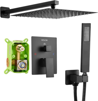VEVOR Shower Faucet Set, Rainfall Bathroom Shower System with 12-Inch Square Rain Shower Head and Handheld Spray, Wall Mounted Bath Fixtures with Brass Valve and Trim Kit, Matte Black