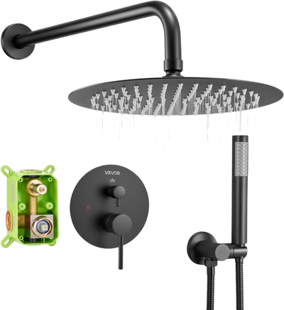 VEVOR Shower Faucet Set, Rainfall Bathroom Shower System with 10-Inch Round Rain Shower Head and Handheld Spray, Wall Mounted Bath Fixtures with Brass Valve and Trim Kit, Matte Black