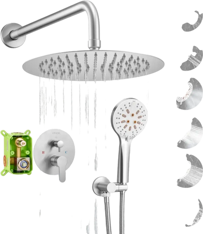 VEVOR Shower Faucet Set, Rainfall Bathroom Shower System with 10-Inch Round Rain Shower Head and Handheld Spray, Wall Mounted Bath Fixtures with Brass Valve and Trim Kit, Brushed Nickel