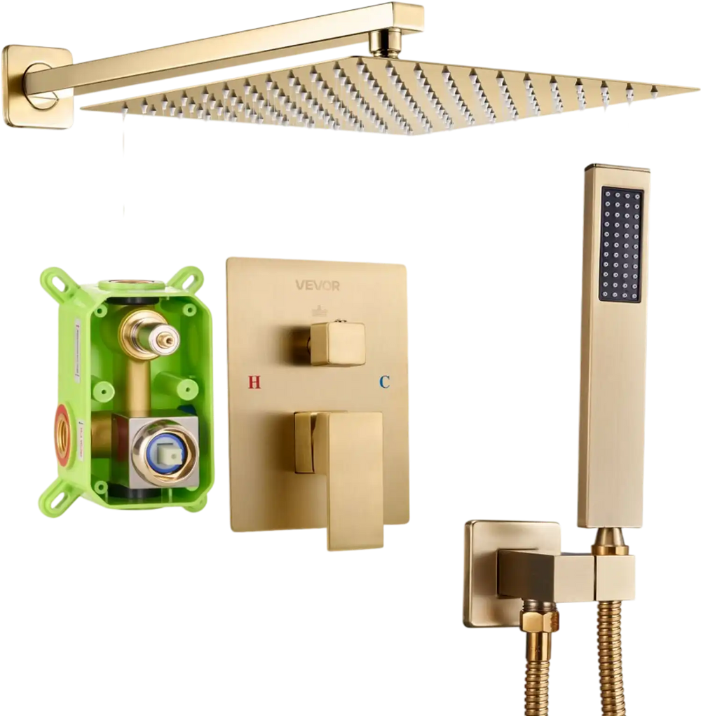 VEVOR Shower Faucet Set, Rainfall Bathroom Shower System with 12-Inch Square Rain Shower Head and Handheld Spray, Wall Mounted Bath Fixtures with Brass Valve and Trim Kit, Brushed Gold