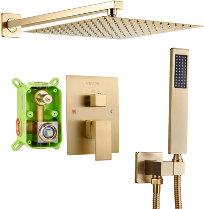 VEVOR Shower Faucet Set, Rainfall Bathroom Shower System with 12-Inch Square Rain Shower Head and Handheld Spray, Wall Mounted Bath Fixtures with Brass Valve and Trim Kit, Brushed Gold