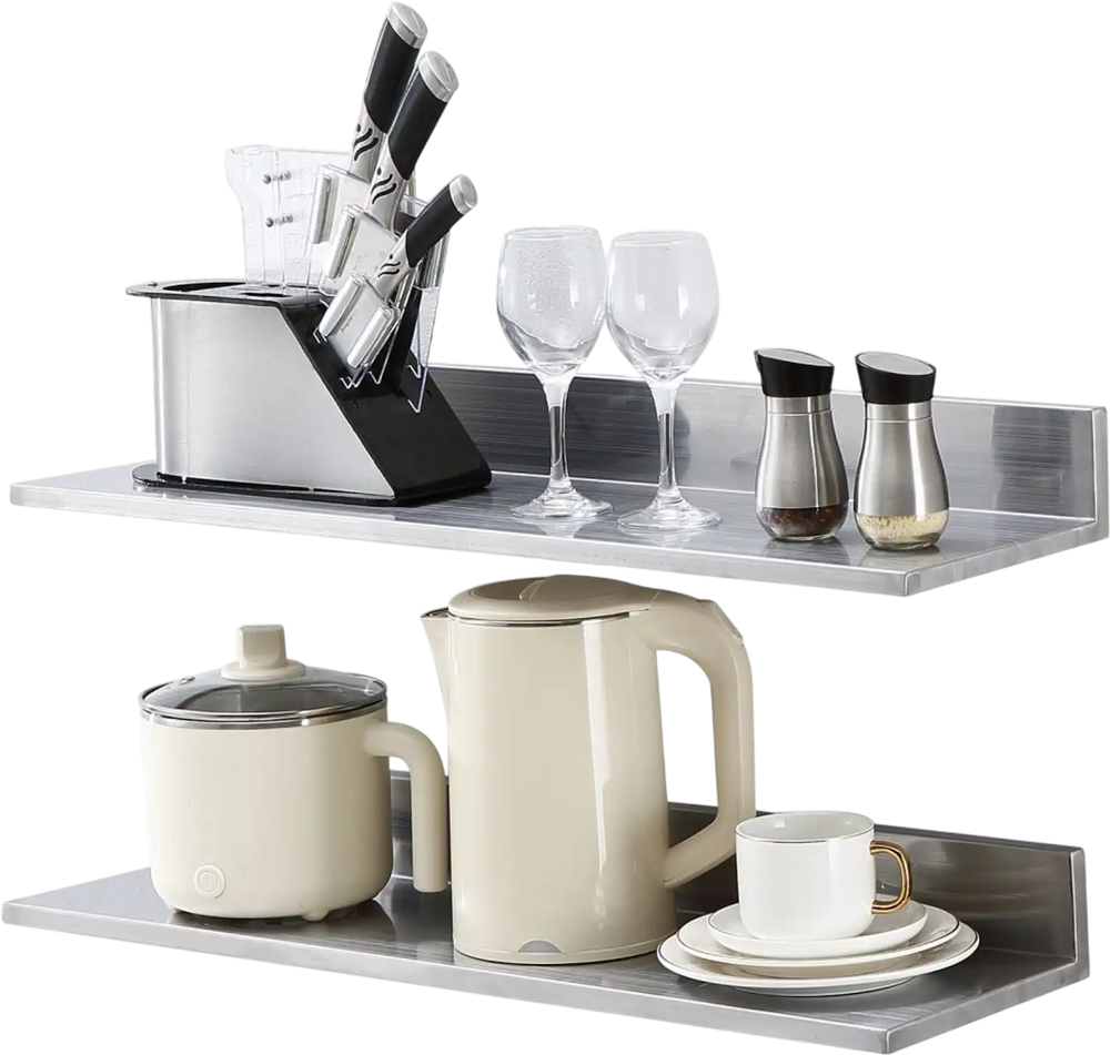 VEVOR 8.6" x 30" -2 Pack Stainless Steel Shelf, Wall Mounted Floating Shelving with Backsplash, 44 lbs Load Capacity Commercial Shelves, Heavy Duty Storage Rack for Restaurant, Kitchen, Bar, Home, and Hotel