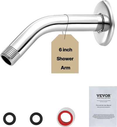 VEVOR Shower Arm with Flange, 6 Inches, Wall Mounted Stainless Steel Shower Head Arm Extender, Chrome Finish, PTFE Tape, G1/2 Universal Thread Connector Compatible, for Fixed & Handheld Showerhead