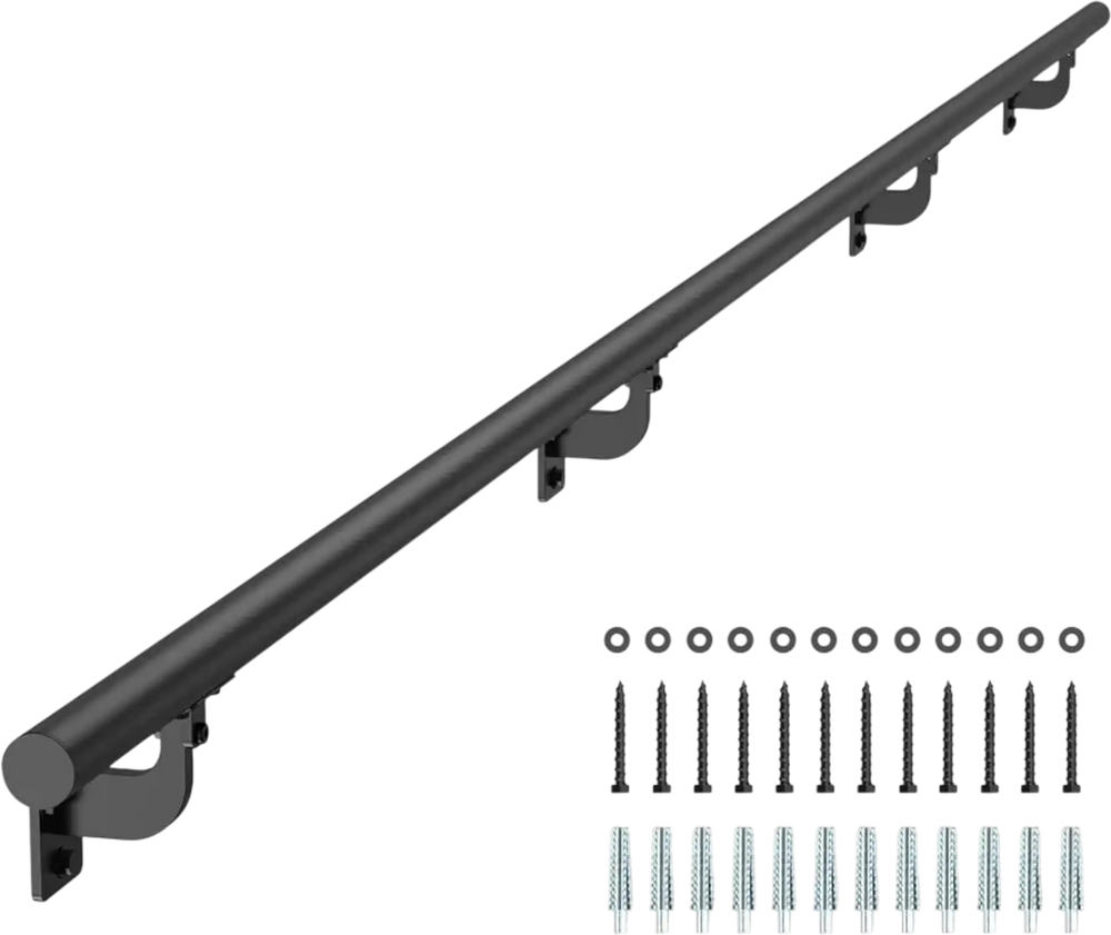 VEVOR Wall Mounted Stair Handrail, 10ft Pipe Staircase Handrail, Black Galvanized Aluminum, 1.26 inch Pipe Diameter, Indoor&Outdoor Staircase Railing,Industrial Hand Rail for Steps,Security Baluster