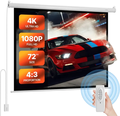 VEVOR Motorized Projector Screen, 72 inch 4:3 1080 HD Electric Projection Screen, Wall Mounted Projection Dispaly Projector with Remote Control, Automatic Movie Screen for Family Home Office Theater