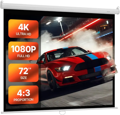 VEVOR Manual Projector Screen, 72 inch 4:3 4K 1080 HD Retractable Pull Down Projector Screen, Wall Mounted Movie Projection with Pull Rope, Portable Display Projectoin for Family Home Office Theater