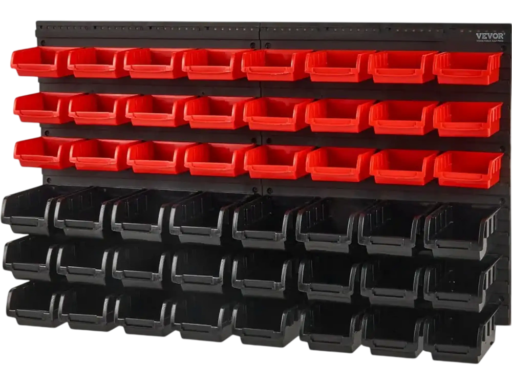 VEVOR Wall Mounted Storage Bins, 48-Bin Parts Rack Organizer Garage Plastic Shop Tool with Wall Panels, Tool Organizer for Nuts, Bolts, Screws, Nails, Beads, Buttons, Other Small Parts, Black and Red