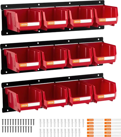 VEVOR Wall Mounted Storage Bins, 12 Plastic Bins & 3 Metal Rails, Plastic Hanging Stackable Storage Bin for Screws, Nuts, Bolts, Nails, Hardware Tool Organizer for Workshop, Craft Room, Garage, Red