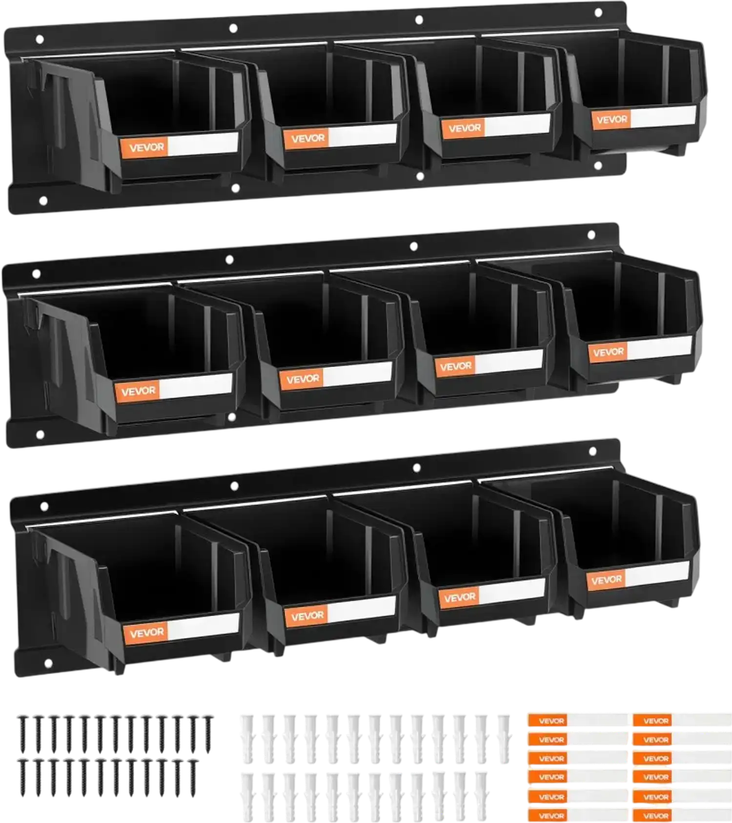Vevor Storage Bins Wall Mounted 12-Piece Hanging Stackable Organizer with 3 Metal Rails Black New