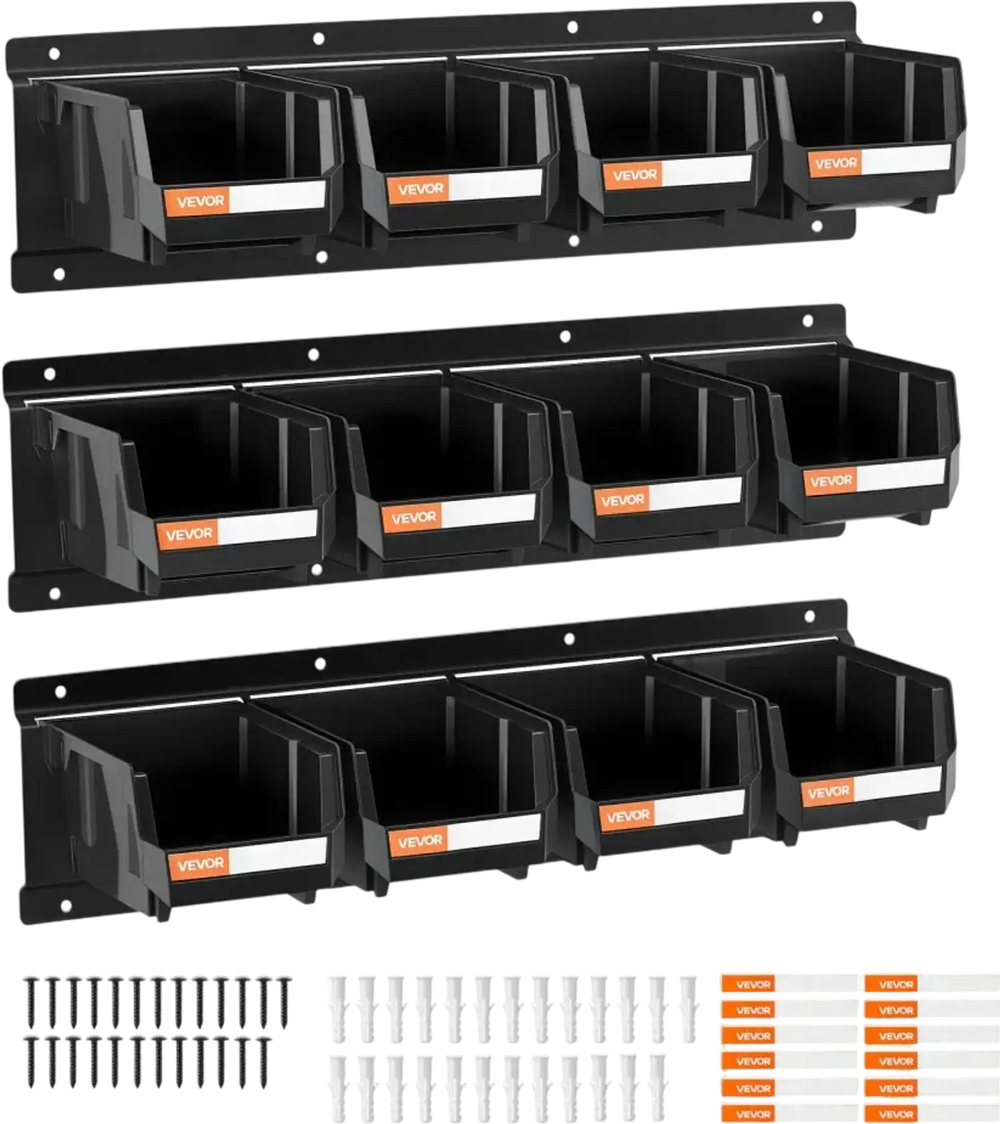 VEVOR Wall Mounted Storage Bins, 12 Plastic Bins & 3 Metal Rails, Plastic Hanging Stackable Storage Bin for Screws, Nuts, Bolts, Nails, Hardware Tool Organizer for Workshop, Craft Room, Garage, Black