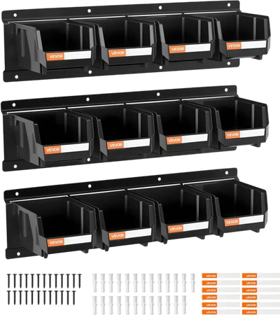 Vevor Storage Bins Wall Mounted 12-Piece Hanging Stackable Organizer with 3 Metal Rails Black New