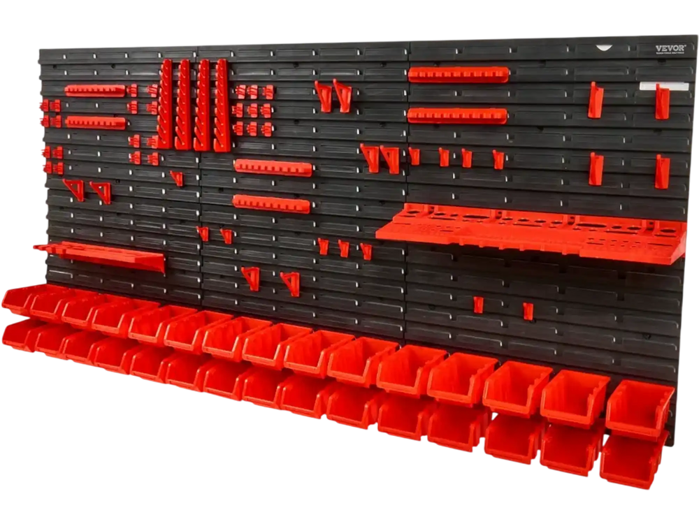 VEVOR Wall Mounted Storage Bins, 30-Bin Parts Rack Organizer Garage Plastic Shop Tool with Wall Panels/Tool Holders/Hooks, Tool Organizer for Nuts, Bolts, Screws, Nails, Beads, Buttons, Black and Red
