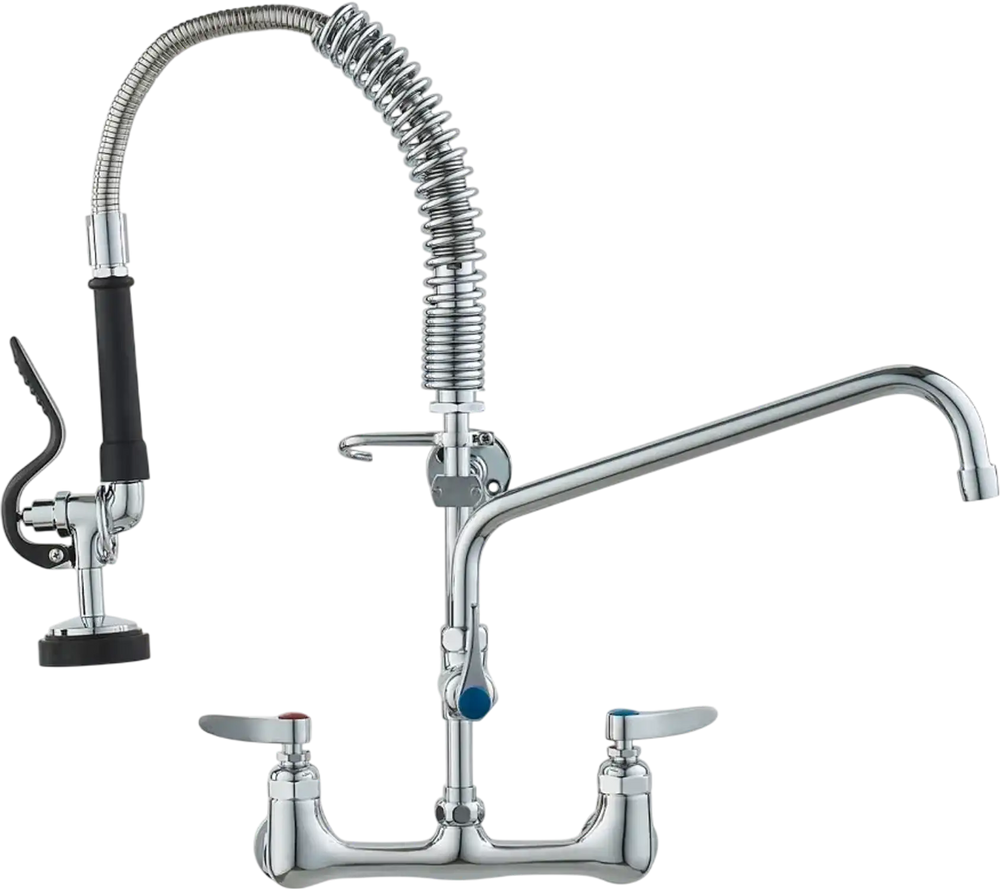 VEVOR Wall-Mounted Brass Kitchen Faucet, 21" Tall, 8" Installation Width, Includes 12" Rotating Spout and Pull-Down Sprayer, Suitable for Single, Double, or Triple Sinks
