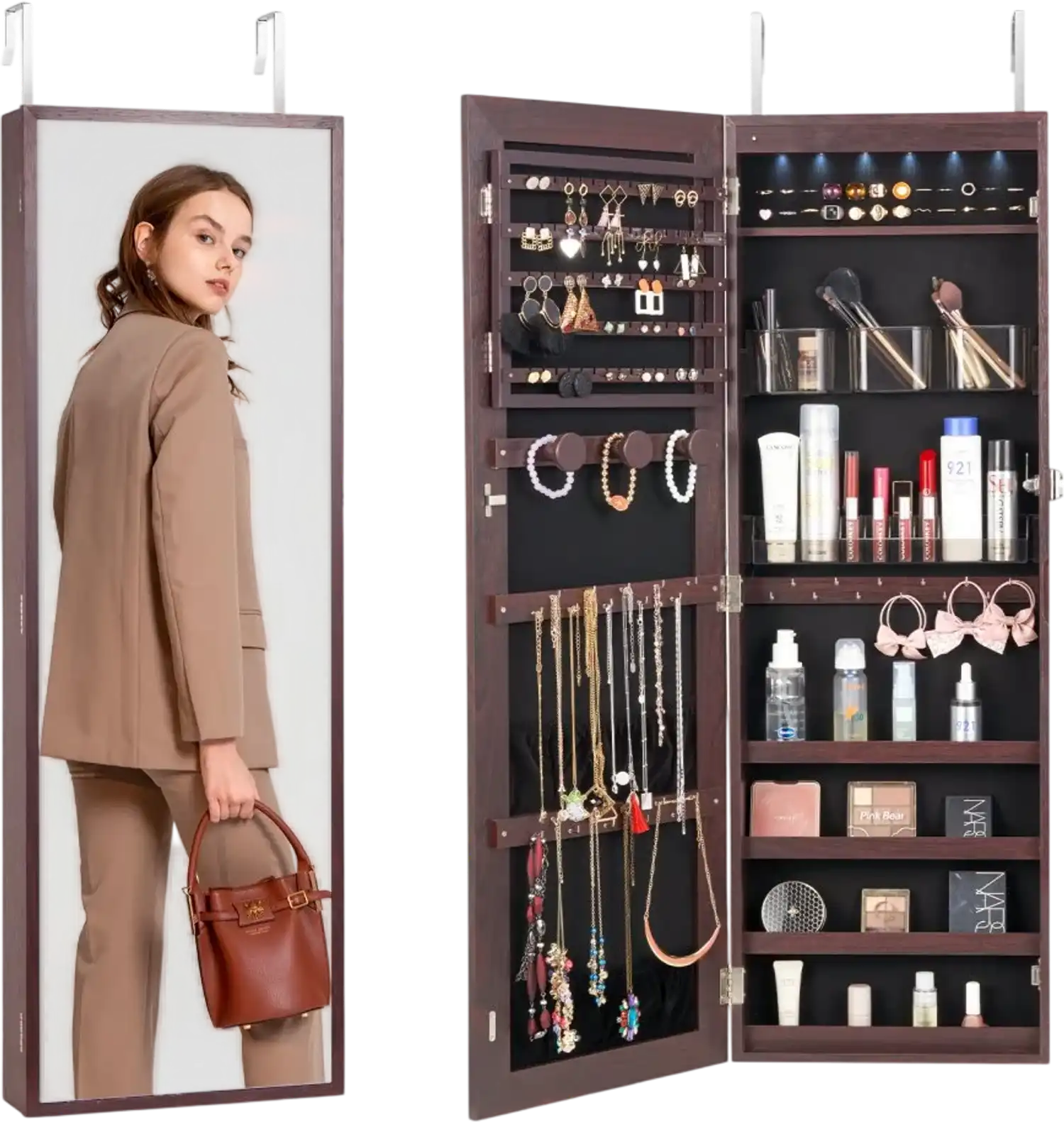 Vevor Jewelry Cabinet Mirror Armoire with Full-Length Mirror LED Lights Brown New