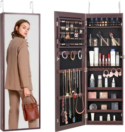 Vevor Jewelry Cabinet Mirror Armoire with Full-Length Mirror LED Lights Brown New