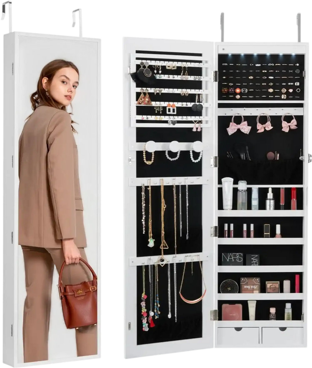 VEVOR Mirror Jewelry Cabinet, 47.05-Inch Tall Lockable Jewelry Cabinet Armoire with Full-Length Mirror, Wall or Door Mounted Jewelry Mirror Organizer with LED Interior Lights and Velvet Lining, White