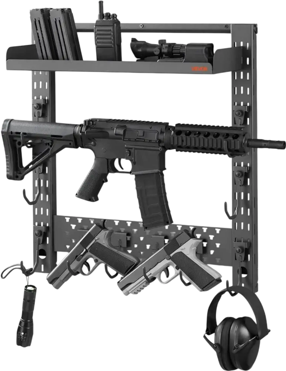 VEVOR Gun Rack Wall Mount, Heavy Duty Steel, Indoor Rifle Shotgun Rack with J-Hooks, Additional Tray Storage, Gun Accessories Display Storage Holder, Hold Up to 3 Rifles or Shotguns, for Tactical Gear