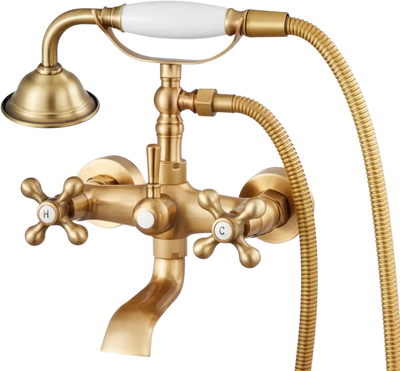 VEVOR Clawfoot Tub Faucet, Wall Mount Bathtub Faucets with Handheld Shower, Vintage Brushed Gold Clawfoot Tub Filler Faucet Shower Kit with Adjustable Swing Arms & 360° Rotation Spout for Bathtubs