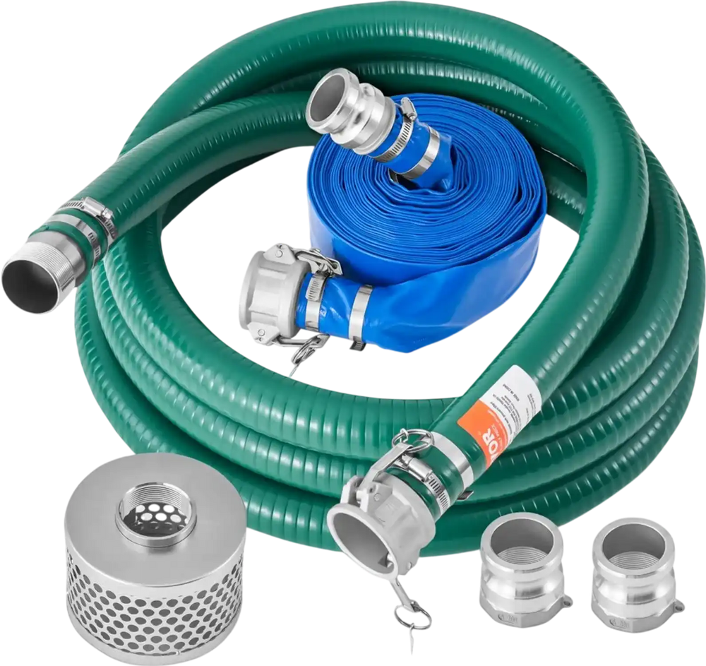 VEVOR Suction Hose Kit for Water Pump, with 2 in x 50 ft Blue Backwash Hose, 20 ft Green Suction Hose, and Steel Round Hole Strainer, Camlocks, Clamps, Cam & Groove Adapter, for Multiple Purposes