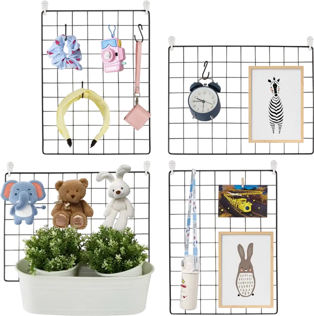 VEVOR Grid Wall Panels, 4 Packs Wire Wall Grid for Photo Pictures Display, Wall Storage Organizer Metal Grid Wall Panel for Home Office Decor with Clips and Hooks, 11.8x15.7 inch