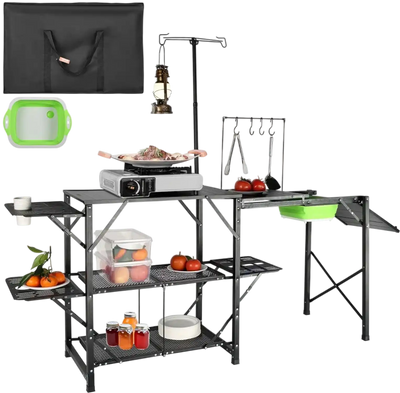 VEVOR Camping Kitchen Table, One-piece Folding Portable Cook Station with A Carrying Bag, Long Aluminum Camping Table 3 Side Tables, 2 Shelves & A Detachable Sink for Outdoor Picnics, BBQs, Camping