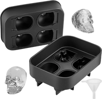 VEVOR Skull Ice Cube Tray, 4-Grid Skull Ice Ball Maker, Flexible Black Silicone Ice Tray with Lid & Funnel, Funny Skull Ice Cubes 1.6