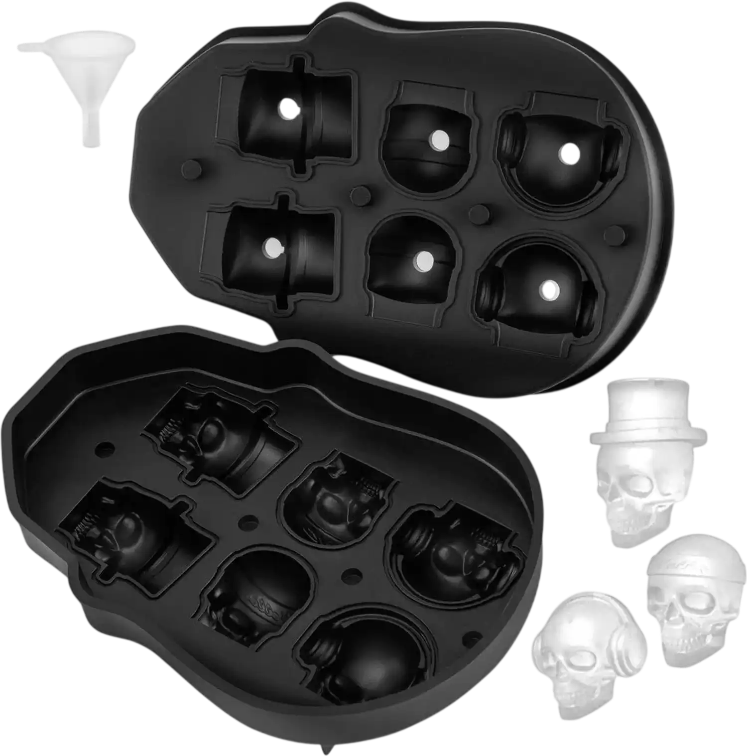 Vevor Ice Cube Tray Skull Ice Ball Maker 6-Grid Black Silicone with Lid & Funnel New
