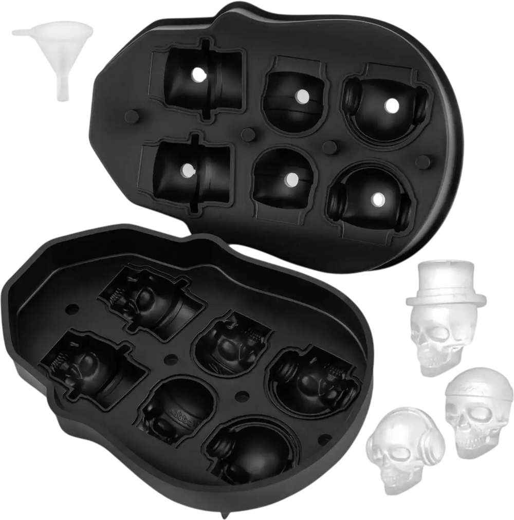 VEVOR Skull Ice Cube Tray, 6-Grid Skull Ice Ball Maker, Flexible Black Silicone Ice Tray with Lid & Funnel, Skull Ice Cubes in 3 Distinct Patterns for Beverages & Chocolates on Parties & Holidays