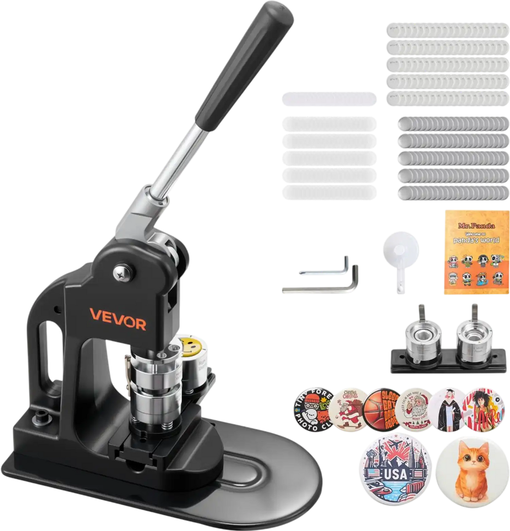 VEVOR Button Maker Machine, 1 in, Pin Maker Machine with 500pcs Button Parts, Circle Cutter, Hex Wrenches and Magic Book, Ergonomic Handle, for DIY Badges, Personalized Pins and Key Chains, Black