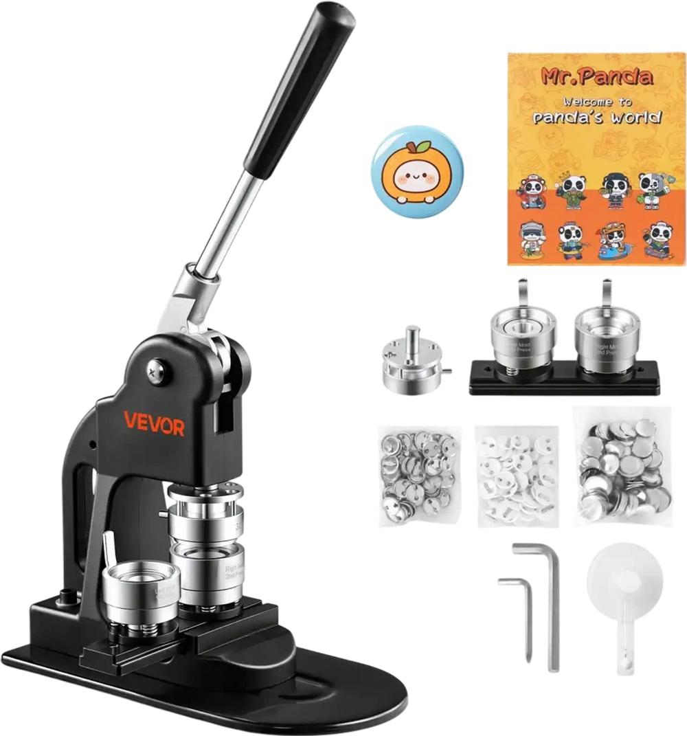 VEVOR Button Maker Machine 1.25"/32 mm Pin Maker 500pcs Button Parts Black, with Circle Cutter, Magic Book, and Hex Wrenches, Ergonomic Handle, for DIY Badges, Pins, Fridge Magnets and Key Chains