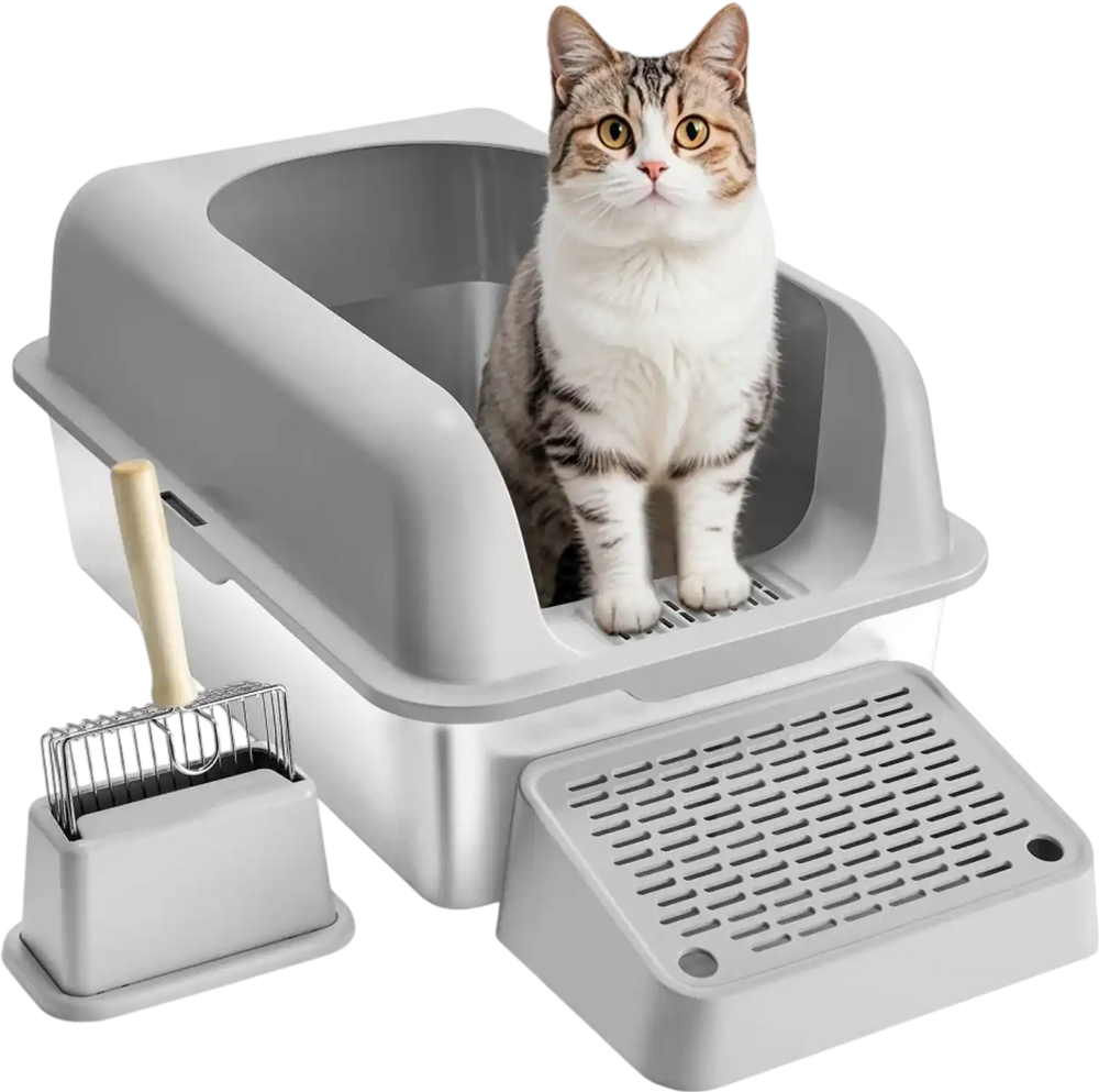 VEVOR Cat Litter Box, 6 inches Deep, XL Extra Large Stainless Steel Cat Litter Box with Scoop, Wide Filtering Foot Board & High Sides, Enclosed Odor-Free Easy-to-Clean Litter Box, Fit for Big Cats