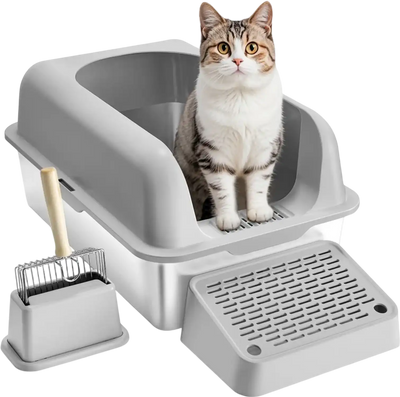Vevor Cat Litter Box Odor-Free XL Stainless Steel with Scoop & Filtering Foot Board New