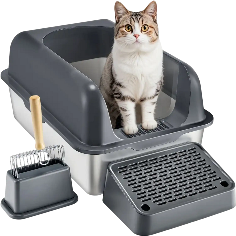VEVOR Cat Litter Box, 6 inches Deep, XL Extra Large Stainless Steel Cat Litter Box with Scoop, Wide Filtering Foot Board & High Sides, Enclosed Odor-Free Easy-to-Clean Litter Box, Fit for Big Cats