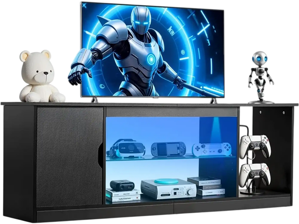 VEVOR TV Stand for TVs up to 65 inch, Modern Entertainment Center with Light Strip, Wooden TV Cabinet Storage with Glass Shelf and Adjustable Shelves, Console Table for Living Room and Bedroom, Black