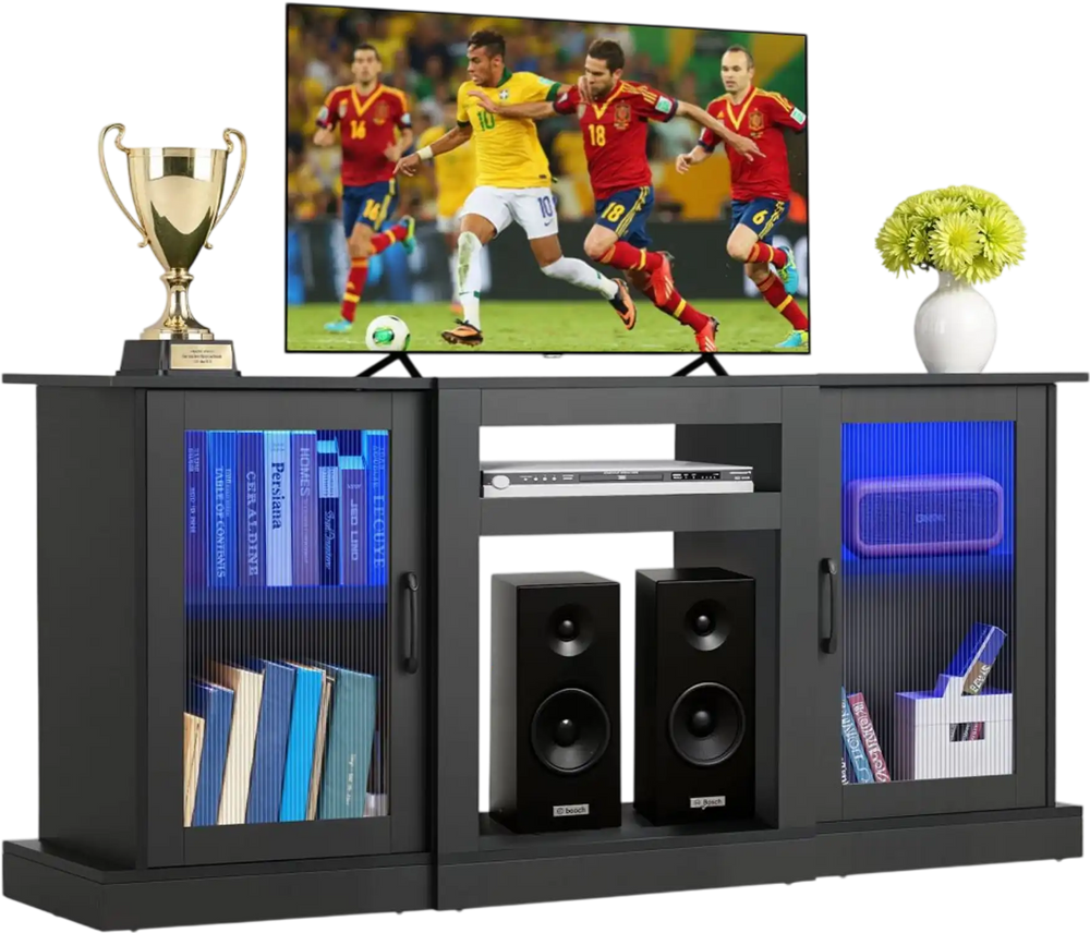VEVOR TV Stand for TVs up to 65 inch, Modern Entertainment Center with Light Strip, Wooden TV Cabinet Storage with Glass Doors and Adjustable Shelves, Console Table for Living Room and Bedroom, Black
