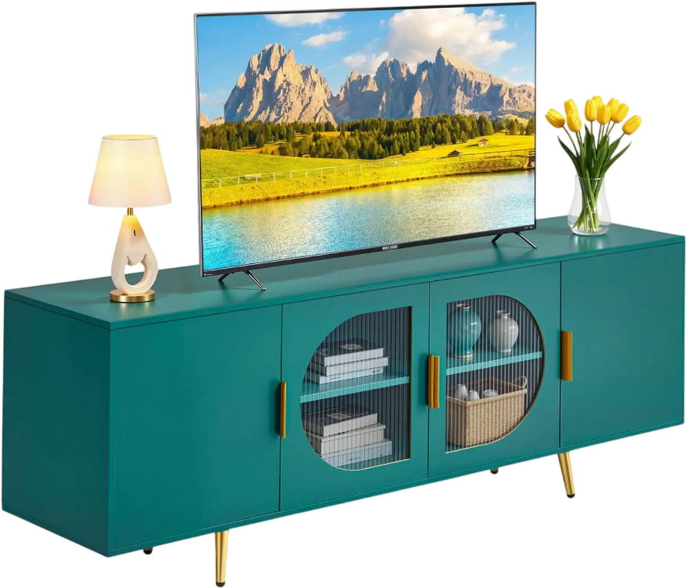 VEVOR TV Stand for TVs up to 75 inch, Modern Entertainment Center with Glass Doors and Gold Legs, TV Cabinet Storage with Adjustable Shelves, Media Console Table for Living Room and Bedroom, Green