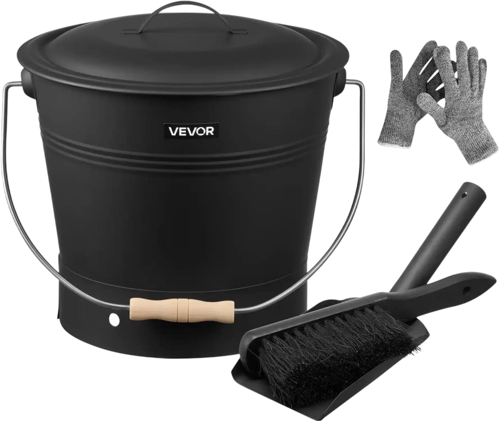 VEVOR Ash Bucket, 4 PCS with Lid, Shovel, Broom and Gloves, Metal Fireplace Charcoal Bucket and Ash Can, 2.6 GAL Large Capacity for Fireplace, Fire Pits, Wood Burning Stoves, Indoor and Outdoor