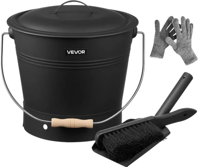 VEVOR Ash Bucket, 4 PCS with Lid, Shovel, Broom and Gloves, Metal Fireplace Charcoal Bucket and Ash Can, 2.6 GAL Large Capacity for Fireplace, Fire Pits, Wood Burning Stoves, Indoor and Outdoor