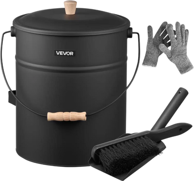 VEVOR Ash Bucket, 4 PCS with Lid, Shovel, Broom and Gloves, Metal Fireplace Charcoal Bucket and Ash Can, 4 GAL Large Capacity for Fireplace, Fire Pits, Wood Burning Stoves, Indoor and Outdoor
