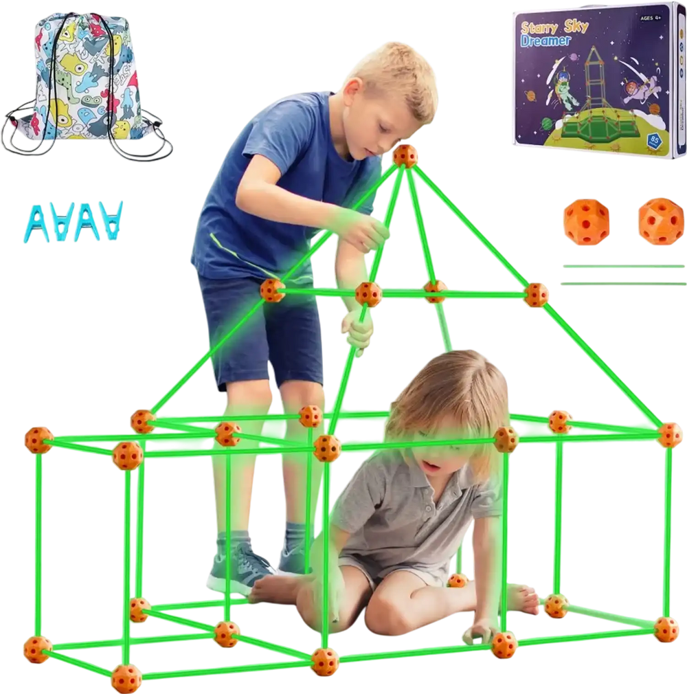 VEVOR Fort Building Kit for Kids, 85PCS Glow in The Dark STEM Building Toys, Educational Gift for 4 5 6 7 8+ Year Old Boys & Girls, Indoor Outdoor Play Tent Construction Toys with 55 Rods and 30 Balls