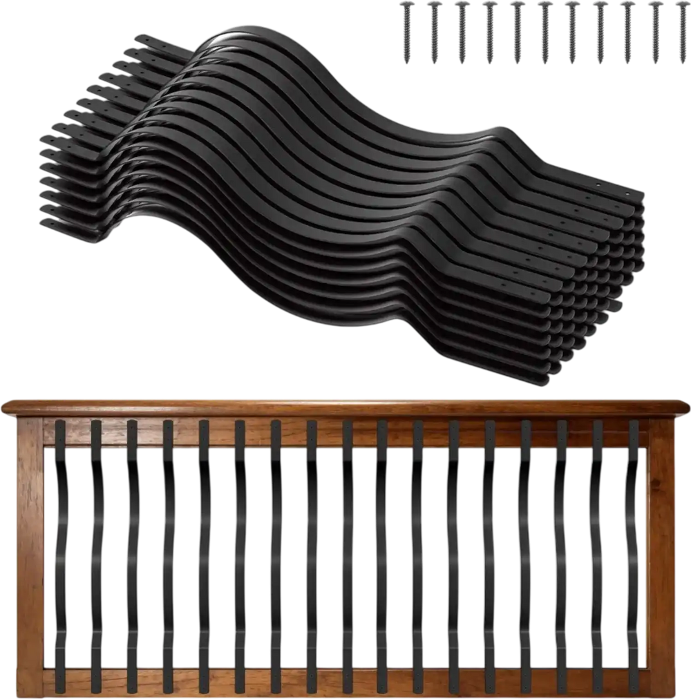VEVOR 61 Pack Deck Balusters, 32.28 x 1 in Metal Railing Spindles, Galvanized Steel Decking Stair Balusters with Screws, Stylish Wavy Design for Outdoor Deck, Porch & Staircase Railing Fence, Black