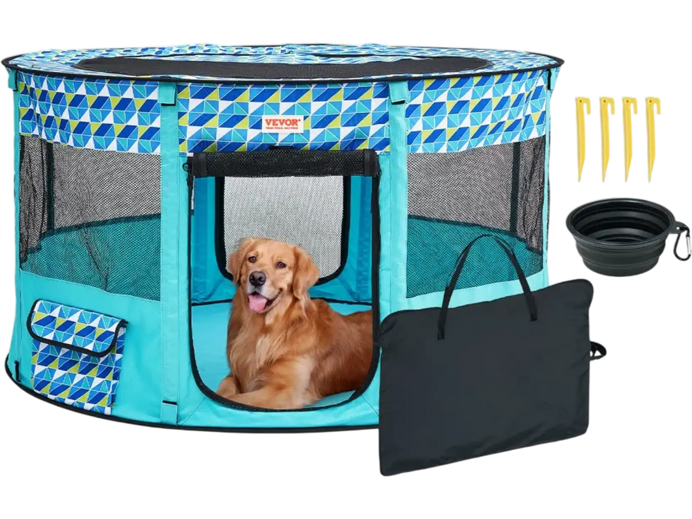 VEVOR Foldable Pet Playpen, 44'' x 44'' x 24'' Portable Dog Playpen, Crate Kennel for Puppy, Dog, Cat, Waterproof 600D Oxford Cloth, Removable Zipper, for Indoor Outdoor Travel Camping (Round, L)
