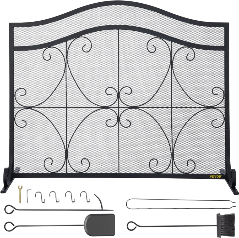 VEVOR Fireplace Screen, 38 x 26.5 Inch,Heavy Duty Iron Freestanding Spark Guard with Support, Metal Mesh Craft, Broom Tong Shovel Poker Included for Fireplace Decoration & Protection, Black