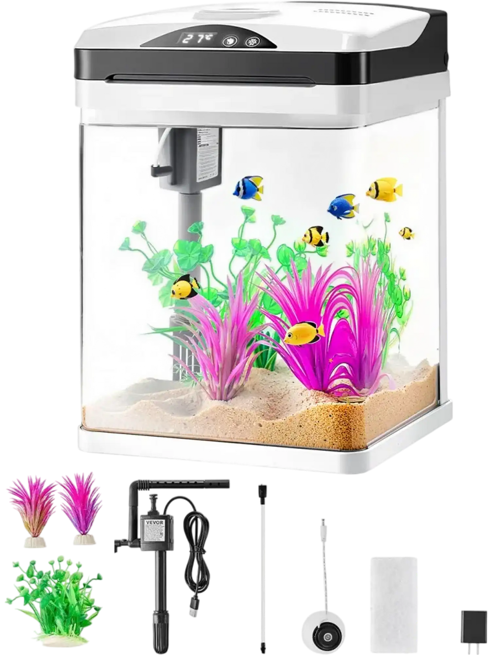 VEVOR Fish Tank Aquarium, 2 Gallon LED Square Ultra-Clear Glass Tank Temperature Monitoring Adjustable 7 Color Lighting, Self Cleaning System Fishbowl for Freshwater & Saltwater Fish Home,Office,Pet