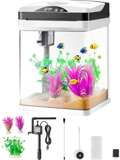 Vevor Fish Tank Aquarium 2 Gallon Self-Cleaning LED Square Glass New