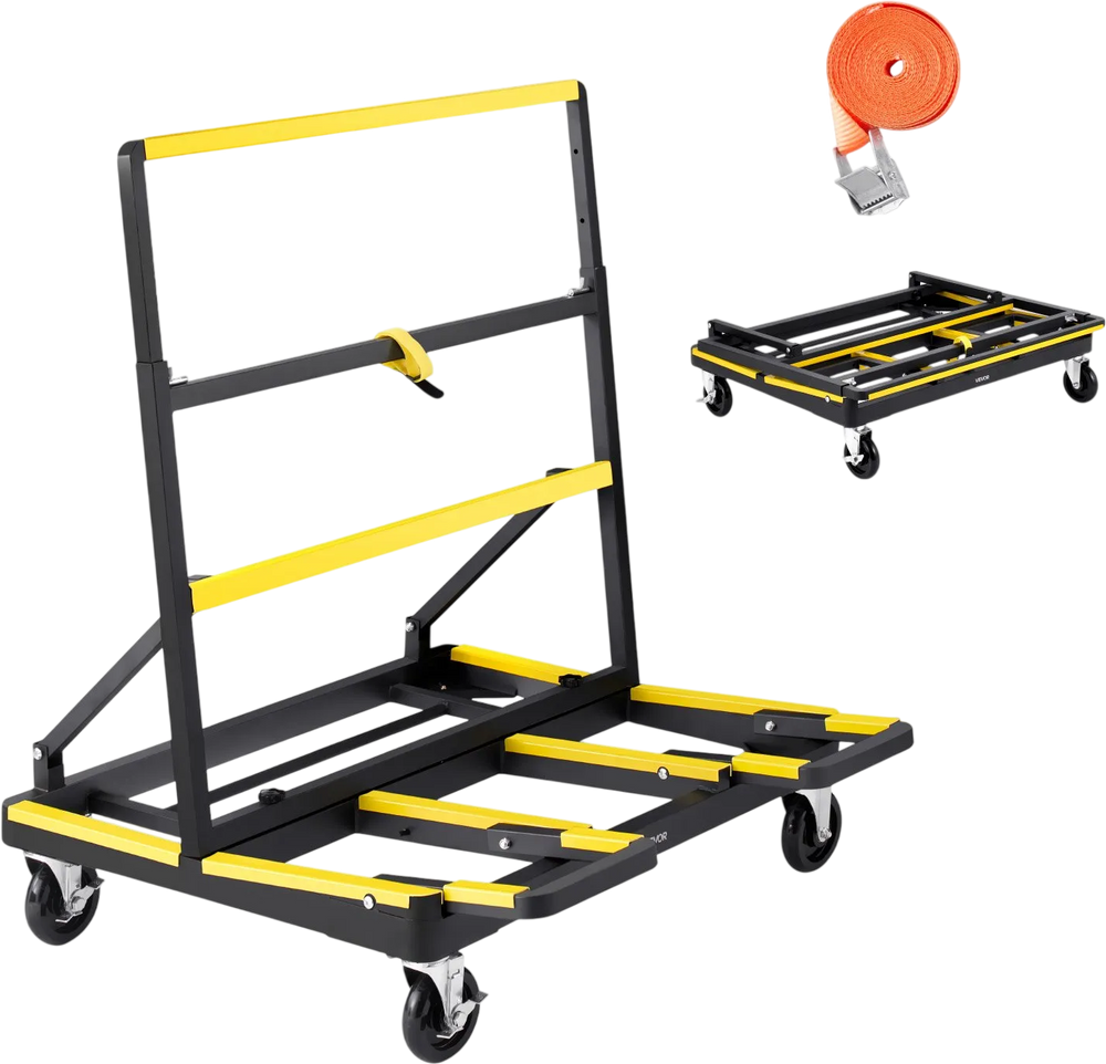 VEVOR Drywall Cart Dolly, 1800 lbs Load Capacity, Steel Panel Dolly with 4 Swivel Casters & Expandable Deck, Foldable Panel Truck Cart with Tie-Down Strap for Handling Plywood, Plasterboard, Glass