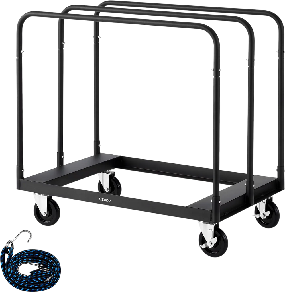 VEVOR Drywall Cart Dolly, 1800 lbs Load Capacity, Steel Panel Truck Cart with 5 inch Swivel Casters, Lumber Drywall Dolly with with Tie-Down Strap & 3 Side Handrails for Factory, Warehouse, Garage, Black