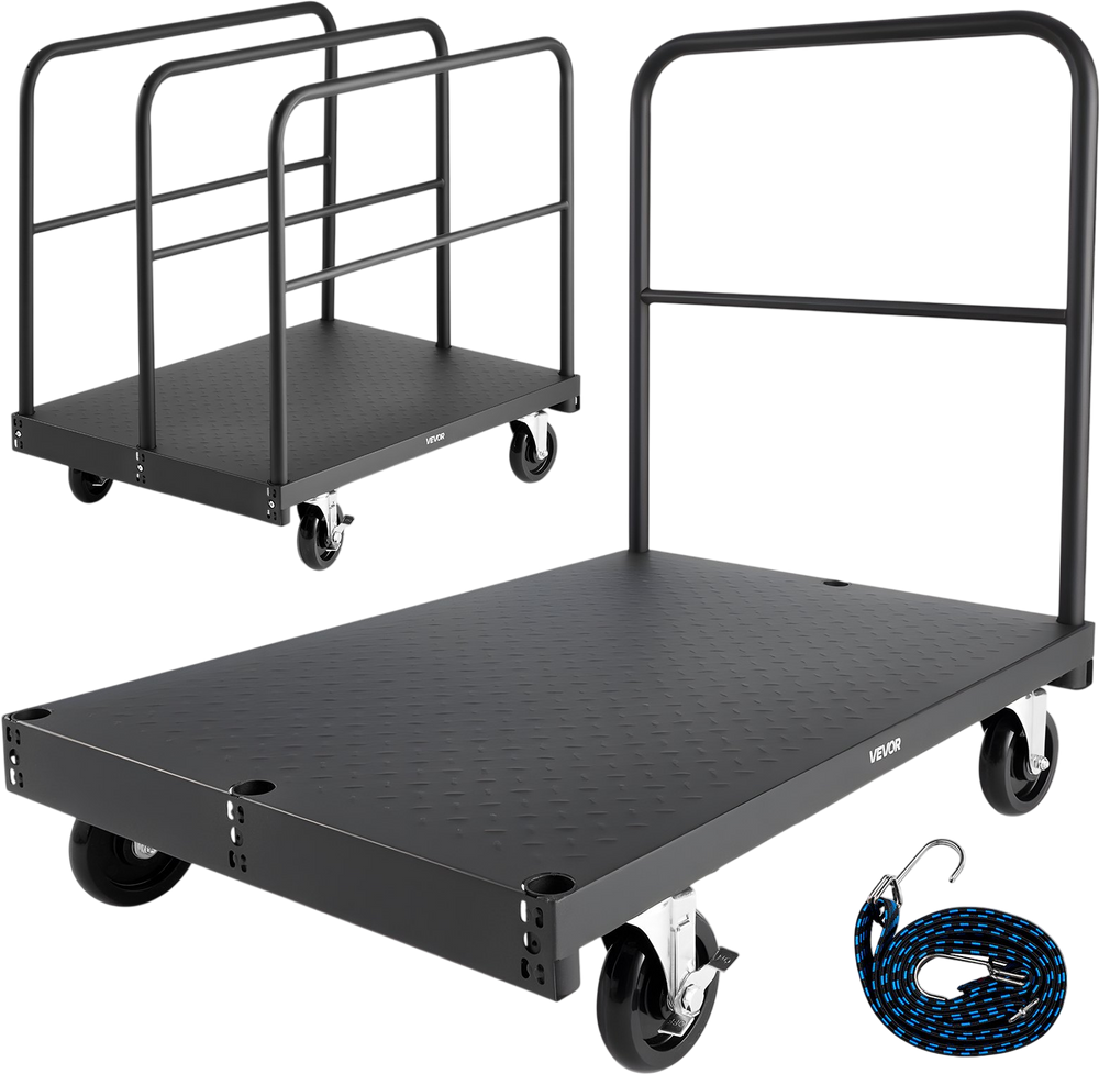 VEVOR Drywall Cart Dolly, 1800 lbs Load Capacity, 2-in-1 Steel Panel Truck Cart with 5 inch Swivel Casters, 36 x 24 inch Platform Truck with 4 Side Handrails for Factory, Warehouse, Garage, Black