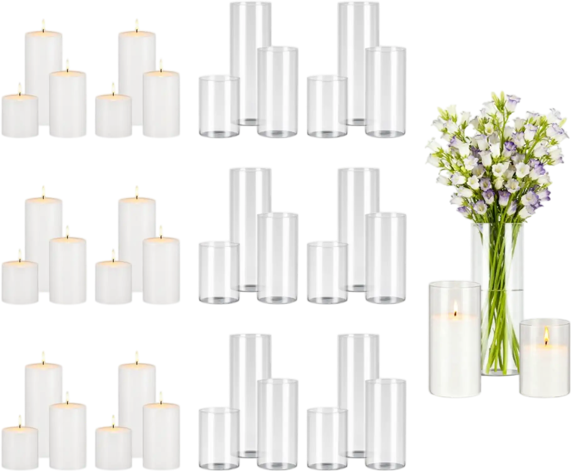 Vevor Candle Vase Set Pillar Candles and Glass Vases 36-Pc Clear Hurricane Holders for Wedding Centerpieces White New